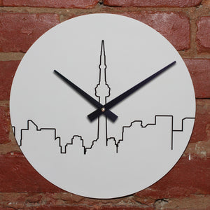 White Stenciled City Skyline Of Toronto Handmade Clock Made WIth Original LP Record