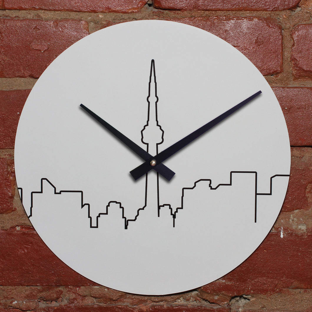 White Stenciled City Skyline Of Toronto Handmade Clock Made WIth Original LP Record